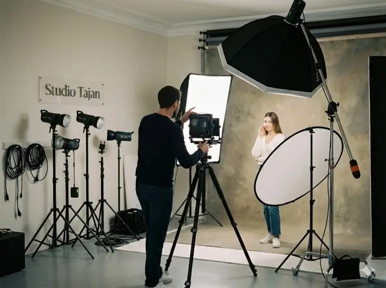 Séance photo en studio Tajan Tarbes. Image d'illustration montrant un shooting dans un studio photo. On peut y voir tout le matériel d'aclairage, un fond de couleur, le modele et le photographe.