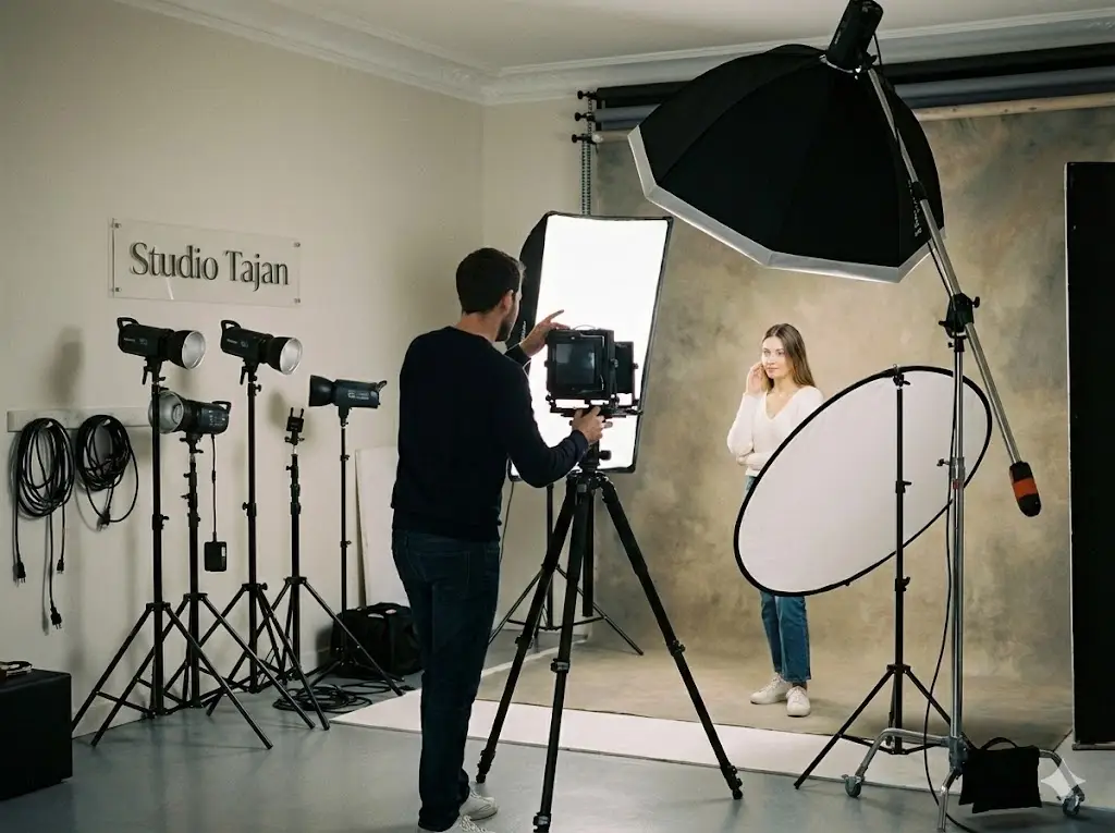 Séance photo en studio Tajan Tarbes. Image d'illustration montrant un shooting dans un studio photo. On peut y voir tout le matériel d'aclairage, un fond de couleur, le modele et le photographe.