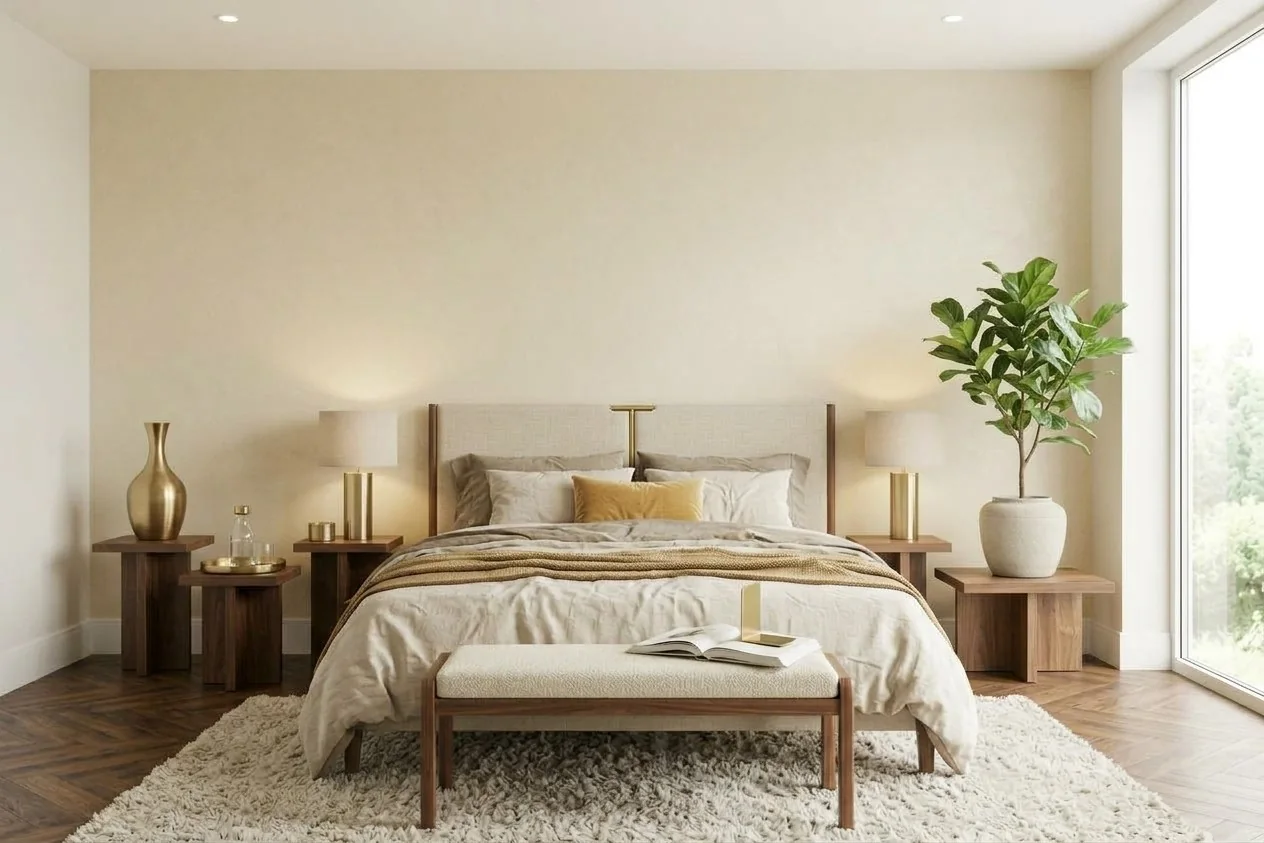 Chambre beige et bois, grand mur libre au-dessus du lit, image générée par IA