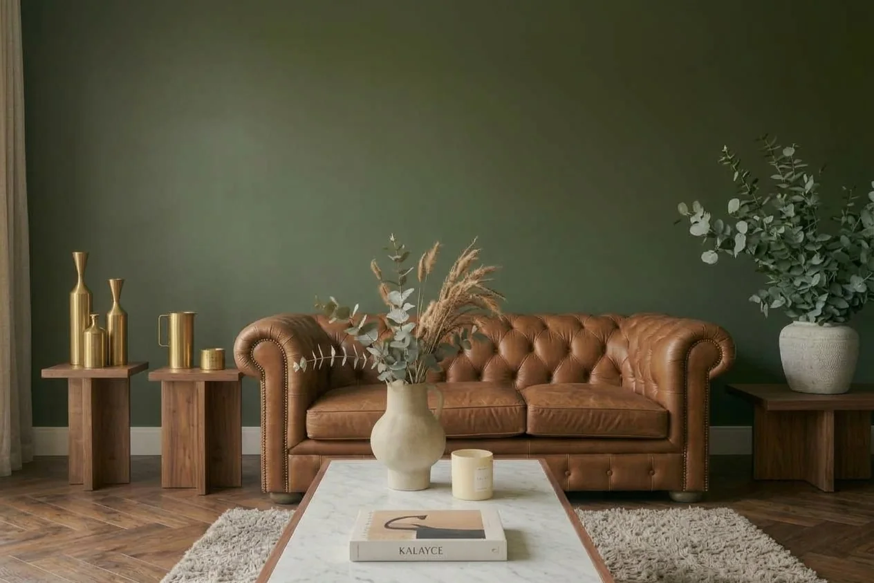 Salon vert foncé avec canapé chesterfield en cuir, grand mur libre, image générée par IA