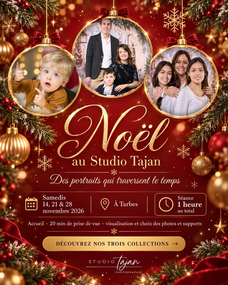 Noël au Studio Tajan : trois portraits de Noël dans des boules dorées, samedis 14, 21 et 28 novembre 2026 à Tarbes