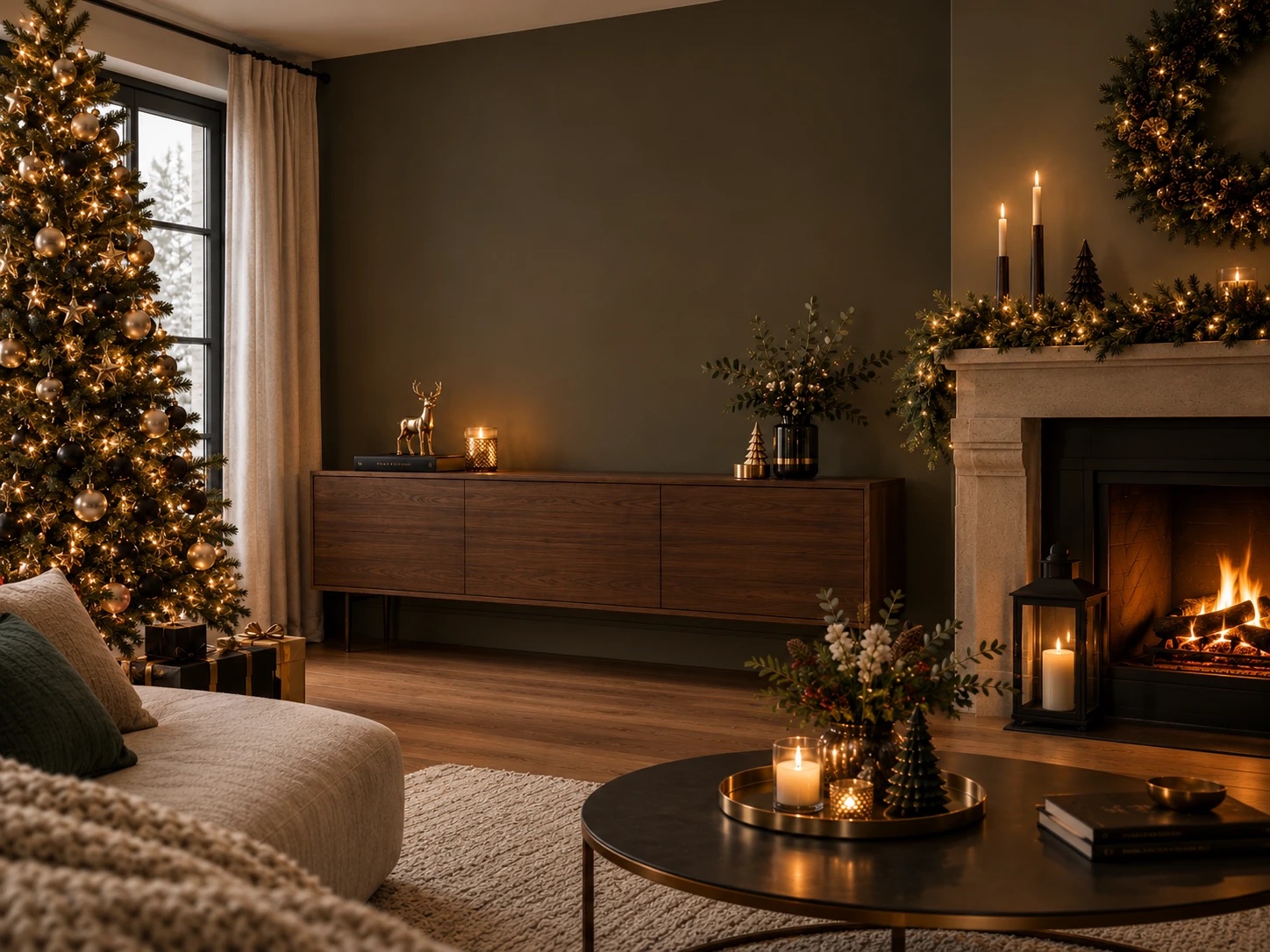 Salon décoré pour Noël, buffet en bois sous un mur vert sombre, sapin et cheminée